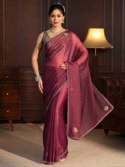 Libas - Mauve Floral Sequin Embellished Saree With Blouse Piece