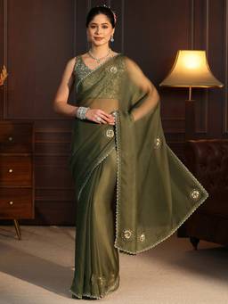 Libas - Green Floral Sequin Embellished Saree With Blouse Piece