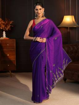 Libas - Purple Stone Work Embellished Saree With Blouse Piece