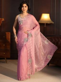 Libas - Pink Solid Saree With Embellished Border And Blouse Piece