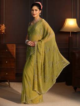 Libas - Green Stone Work Embellished Saree With Blouse Piece