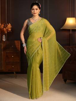 Libas - Green Stone Work Embellished Saree With Blouse Piece