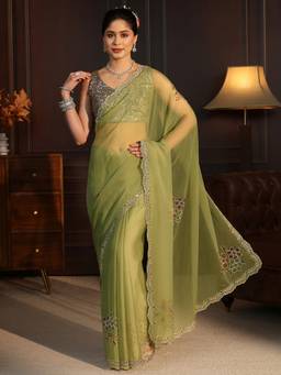 Libas - Green Floral Embellished Saree With Blouse Piece