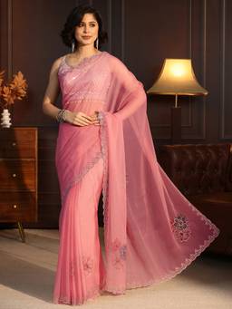 Libas - Pink Floral Embellished Saree With Blouse Piece