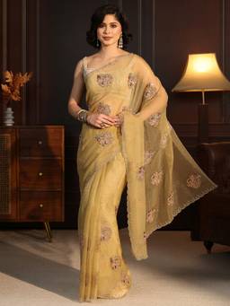 Libas - Green Floral Stone Work Embroidered Saree With Embellished Border And Blouse Piece