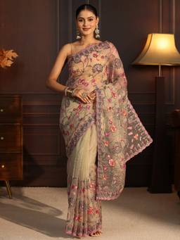 Libas Art - Gold Ethnic Motif Stone Work Embroidered Saree With Blouse Piece