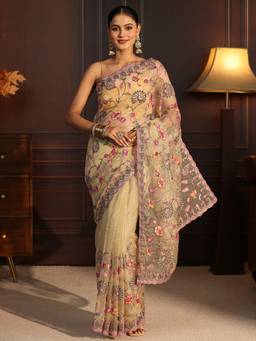 Libas Art - Green Ethnic Motif Stone Work Embroidered Saree With Blouse Piece