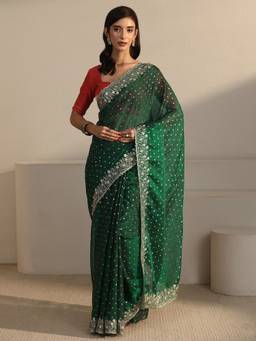 Libas - Green Woven Design Saree And Blouse Piece