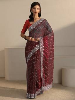 Libas - Maroon Woven Design Saree And Blouse Piece