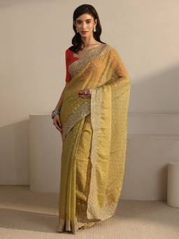Libas - Green Woven Design Saree With Floral Embroidered Border And Blouse Piece