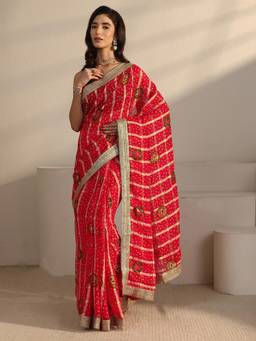 Libas - Red Bandhani Self Design Saree With Zari Lace Border And Blouse Piece