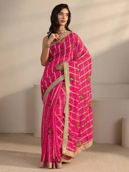 Libas - Pink Bandhani Self Design Saree With Zari Lace Border And Blouse Piece