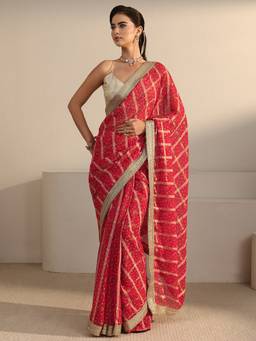Libas - Red Bandhani Self Design Saree With Zari Lace Border And Blouse Piece