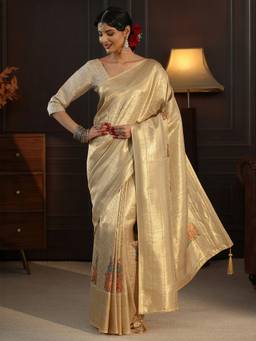 Libas - Gold Floral Woven Design Saree With Stone Work Woven Design Border and Blouse Piece