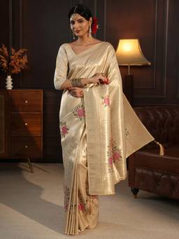 Libas - Gold Floral Woven Design Saree With Stone Work Woven Design Border and Blouse Piece