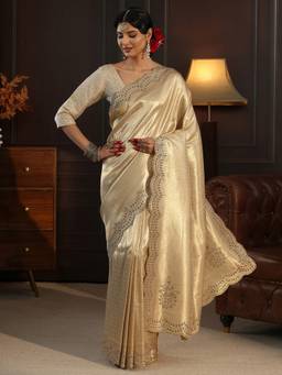 Libas Art - Cream Woven Design Saree With Stone Work Woven Design Border and Blouse Piece