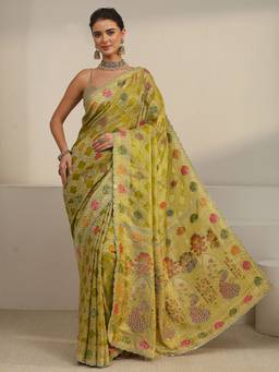 Libas Art - Green Ethnic Motif Stone Work Woven Design Saree With Blouse Piece