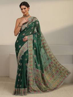 Libas Art - Green Ethnic Motif Stone Work Woven Design Saree With Blouse Piece