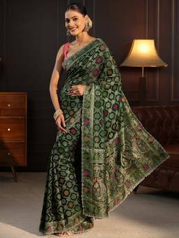 Libas Art - Green Bandhani Stone Work Woven Design Saree With Blouse Piece