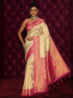 Libas - Cream Ethnic Motif Woven Design Saree With Blouse Piece