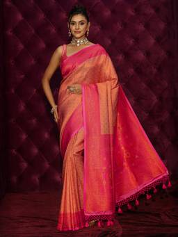 Libas - Peach Ethnic Motif Woven Design Saree With Blouse Piece