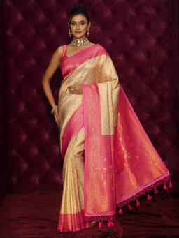 Libas - Cream Ethnic Motif Woven Design Saree With Blouse Piece