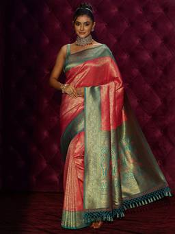 Libas - Pink Ethnic Motif Woven Design Saree With Blouse Piece