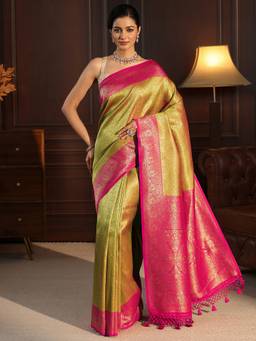 Libas - Green Floral Woven Design Saree With Blouse Piece