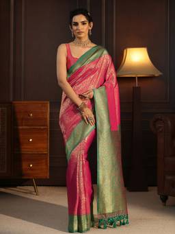 Libas - Pink Floral Woven Design Saree With Blouse Piece