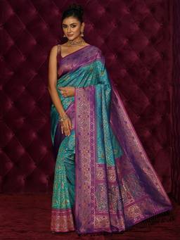 Libas - Blue Ethnic Motif Woven Design Saree With Blouse Piece