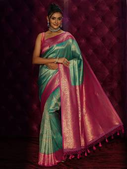 Libas - Blue Ethnic Motif Woven Design Saree And Blouse Piece