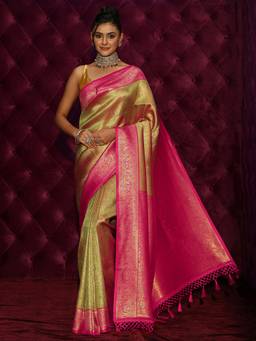 Libas - Green Ethnic Motif Woven Design Saree And Blouse Piece