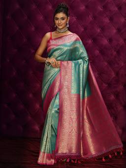 Libas - Green Floral Woven Design Saree and Blouse Piece