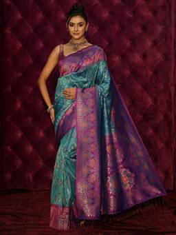 Libas - Green Ethnic Motif Woven Design Saree And Blouse Piece
