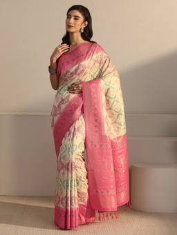 Libas - Cream Ethnic Motif Woven Design Saree And Blouse Piece
