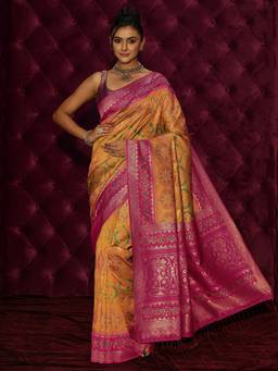 Libas - Mustard Ethnic Motif Woven Design Saree And Blouse Piece