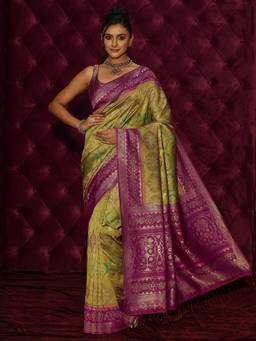 Libas - Green Ethnic Motif Woven Design Saree And Blouse Piece