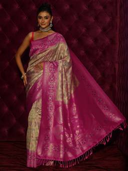 Libas - Beige Woven Design Saree and Blouse Piece