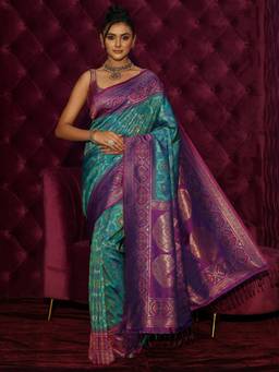 Libas - Blue Woven Design Saree and Blouse Piece