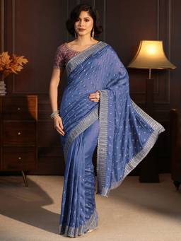 Libas - Blue Floral Zari Embroidered Saree With A Blouse Piece