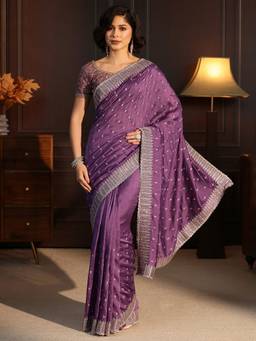 Libas - Lavender Floral Zari Embroidered Saree With A Blouse Piece