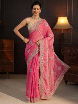 Libas - Peach Beads Embellished Saree With A Blouse Piece