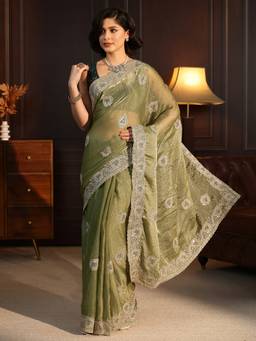 Libas - Green Beads Embellished Saree With A Blouse Piece