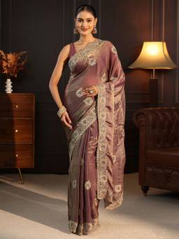 Libas - Brown Beads Embellished Saree With A Blouse Piece