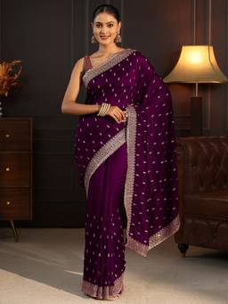 Libas - Wine Floral Zari Embroidered Saree With Blouse Piece
