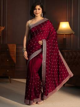 Libas - Maroon Floral Zari Embroidered Saree With Blouse Piece