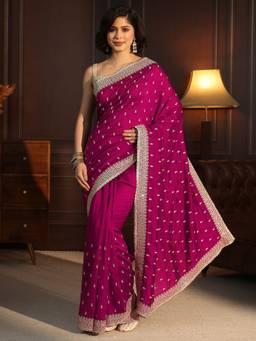Libas - Pink Floral Zari Embroidered Saree With Blouse Piece