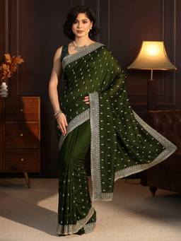 Libas - Green Floral Zari Embroidered Saree With Blouse Piece
