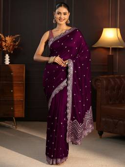 Libas - Wine Floral Zari Embroidered Saree With Stone Work Embroidered Border and Blouse Piece