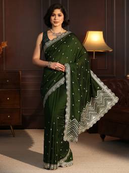 Libas - Green Floral Zari Embroidered Saree With Stone Work Embroidered Border and Blouse Piece